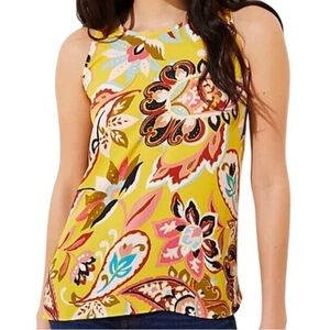 LOFT Blouse Woman's Yellow Paisley Floral Mixed Media Shell Sleeveless